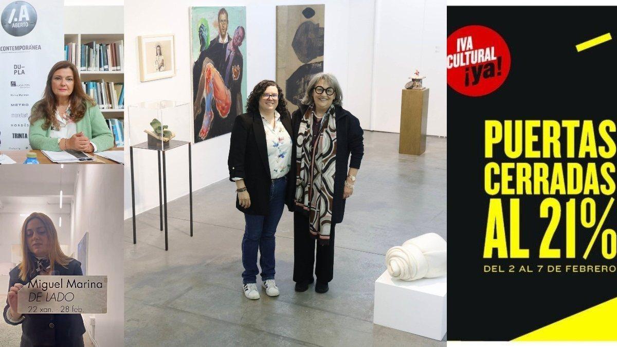 Luisa Pita (arriba) y Chus Villar. Al lado, Fabiola Barreiro  y Asunta Rodríguez y el logo de la protesta de las galerías.