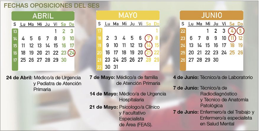 Calendario con las fechas de los exámenes de las oposiciones del SES confirmados oficialmente hasta el momento.