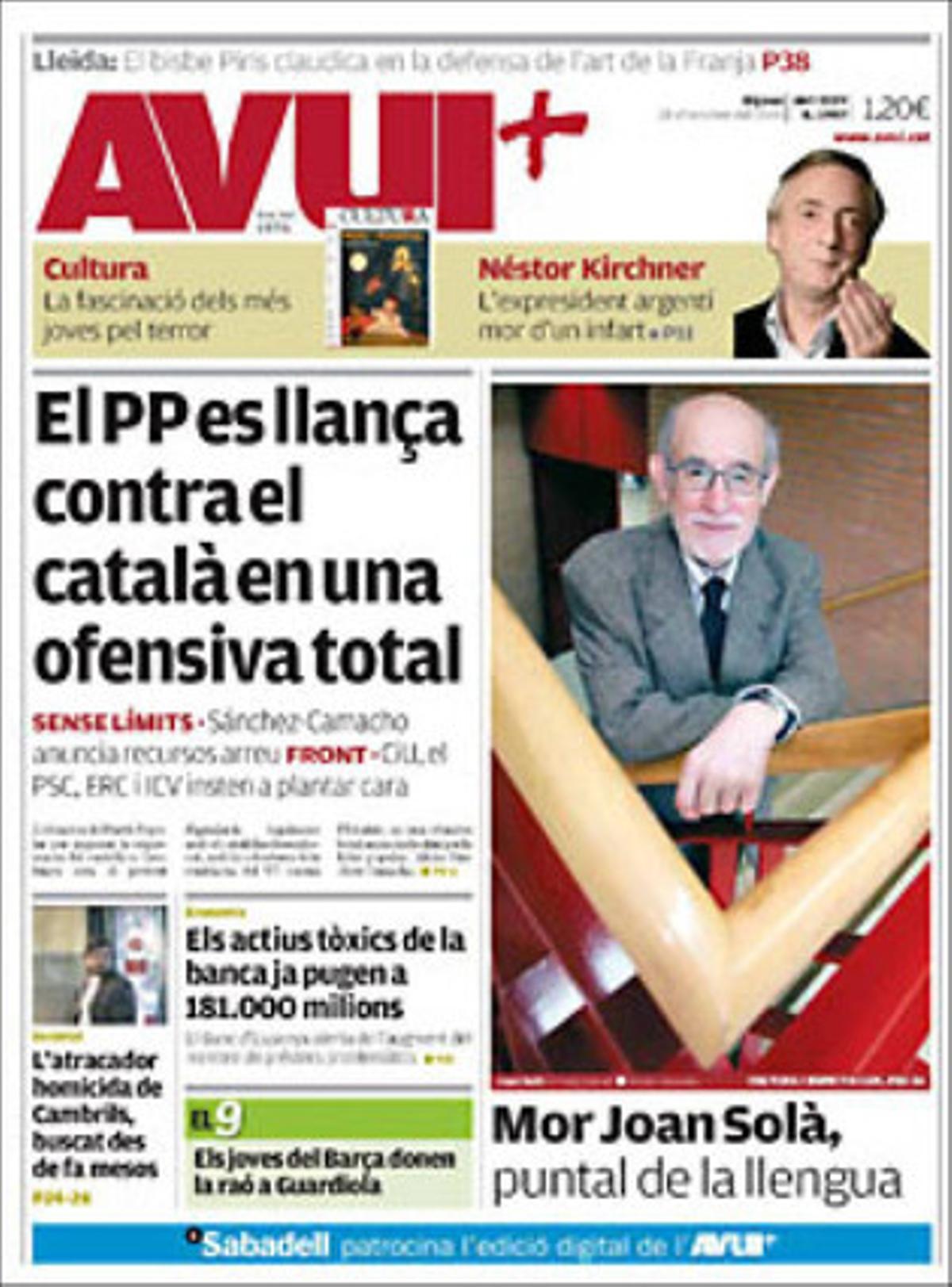 A dins ’Avui’ destaca que Londres revela noves dades de morts de civils a l’Afganistan; que Gavà multarà els clients de les prostitutes que s’aturin a l’autovia de Castelldefels; que la Conselleria de Salut de Catalunya finança a les clíniques privades 1.900 avortaments des de juliol passat; que el barri de Gràcia aposta ara per no retirar els pilons retràctils que limiten el trànsit, i que retiren dels taxis anuncis de sexe fàcil que promovien alguns locals d’oci.