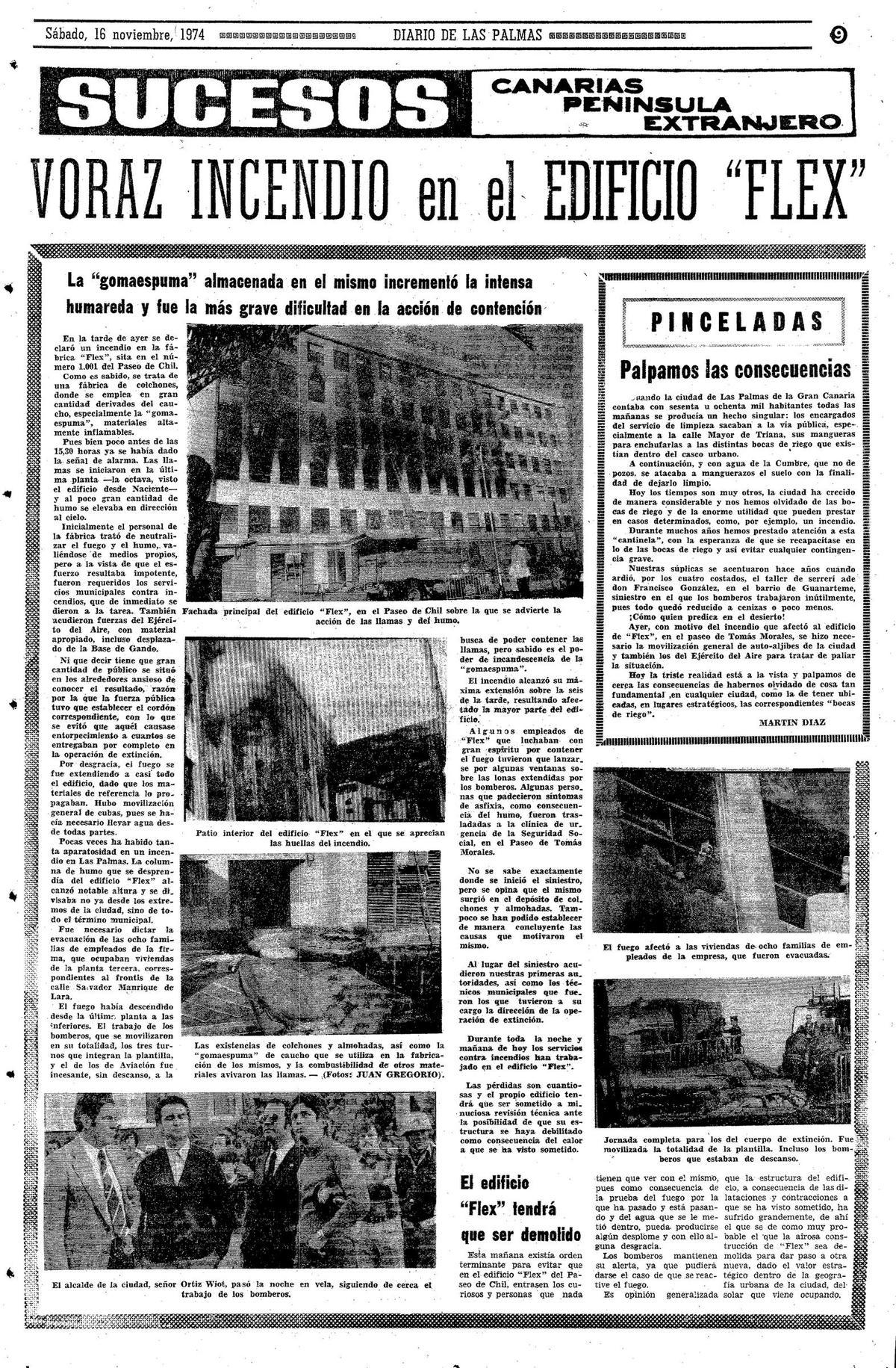 Página del Diario de Las Palmas del 16 de noviembre de 1974 dando cuenta del suceso en el edificio Flex.
