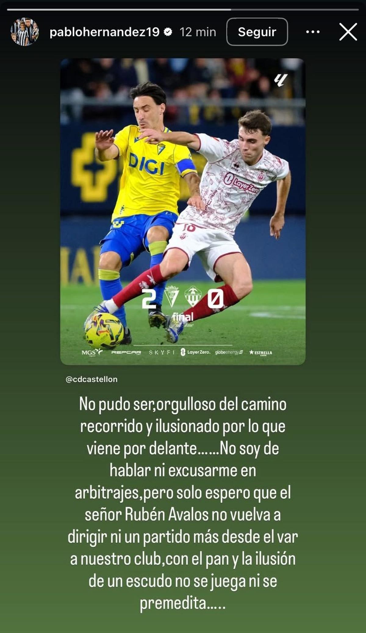 La historia de Instagram de Pablo Hernández, tras el Cádiz-Castellón