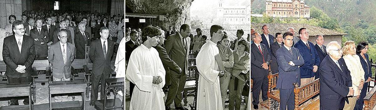 A la izquierda, Antonio Trevín, junto a Eugenio Carbajal, presidente de la Junta, y Alfredo García, alcalde de Cangas de Onís, en Covadonga. En el centro, Sergio Marqués, el 8 de septiembre de 1995, en la cueva. A la derecha, Vicente Álvarez-Areces, junto a Mercedes Fernández, delegada del Gobierno, en la cueva.