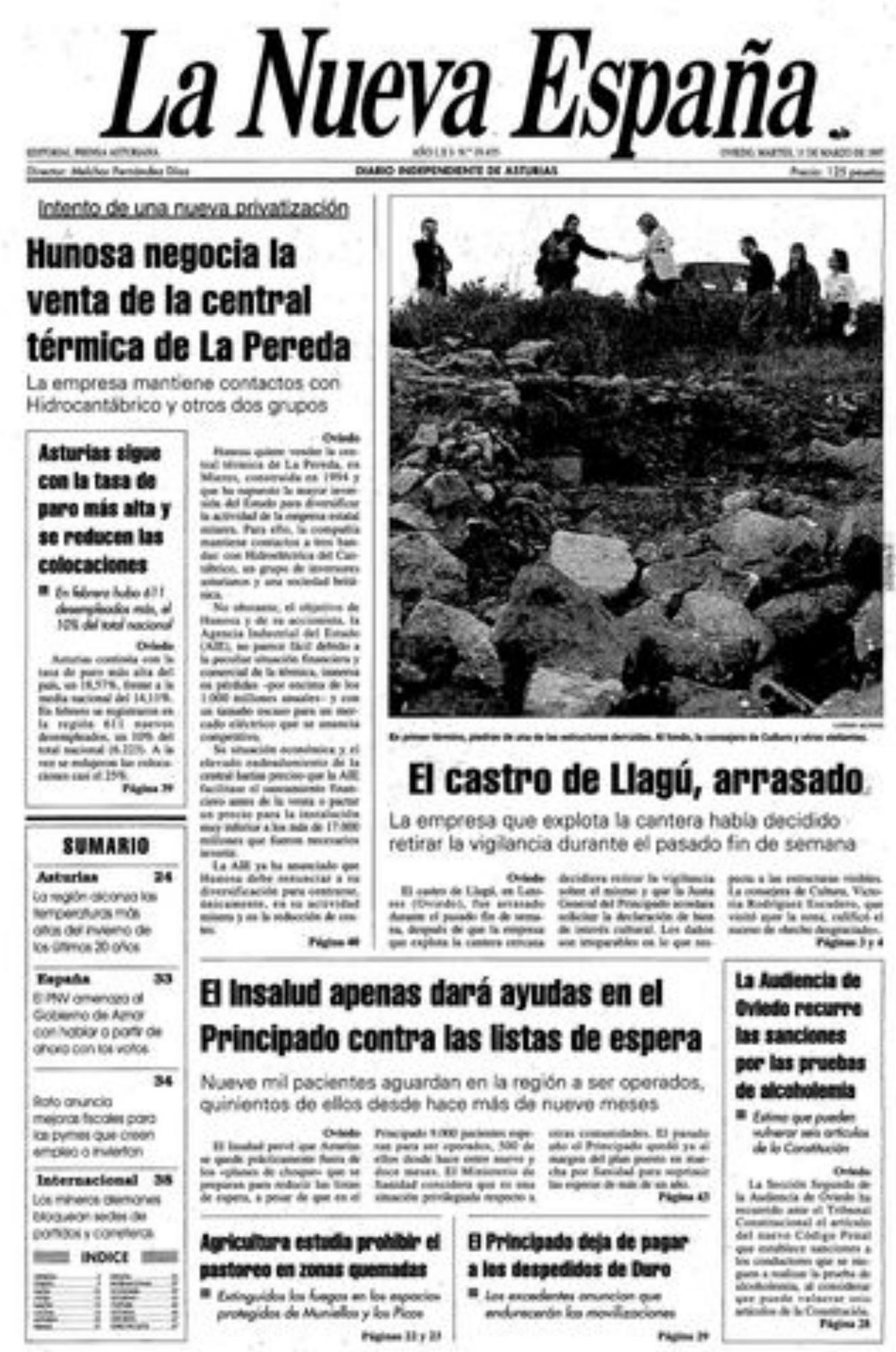 La portada de LA NUEVA ESPAÑA del 11 de marzo de 1997, al día siguiente de que se descubriese el atentado patrimonial. | 