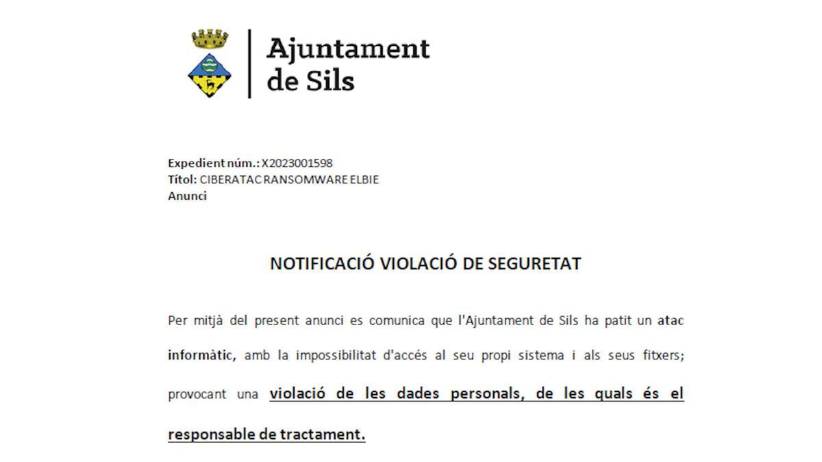 El ban de l'Ajuntament de Sils informant del ciberatac.