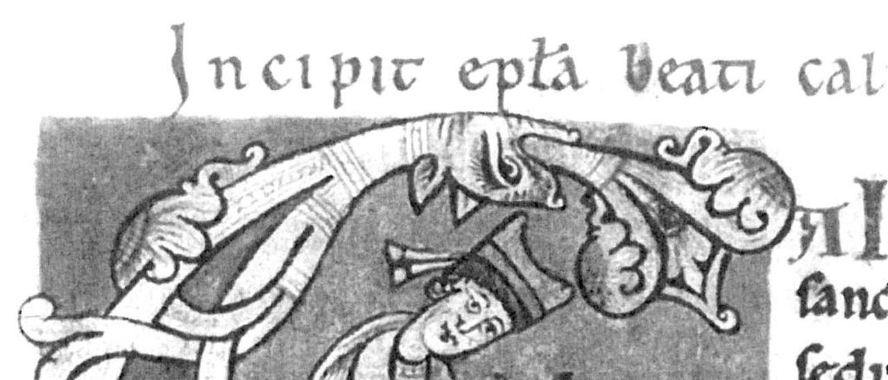 O Papa Calixto II escribe o Liber Sancti Jacobi,  cousa que non ocorreu. Miniatura capital   do Códex Calixtinus, manuscrito de Salamanca.