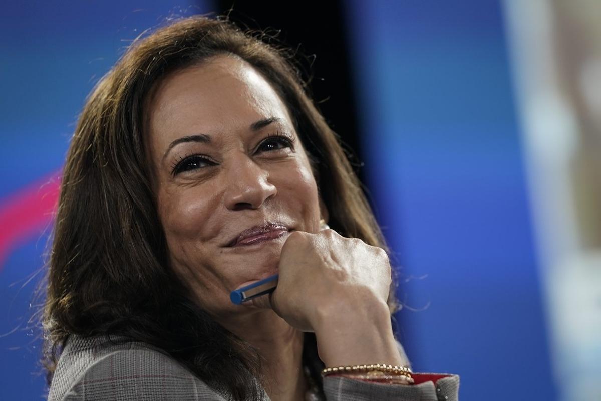 WILMINGTON, DE - AUGUST 13: Sen. Kamala Harris (D-CA), running mate of Presumptive Democratic presidential nominee former Vice President Joe Biden, attends a coronavirus briefing at a makeshift studio at the Hotel DuPont on August 13, 2020 in Wilmington, Delaware. Harris is the first Black woman and first person of Indian descent to be a presumptive nominee on a presidential ticket by a major party in U.S. history.   Drew Angerer/Getty Images/AFP