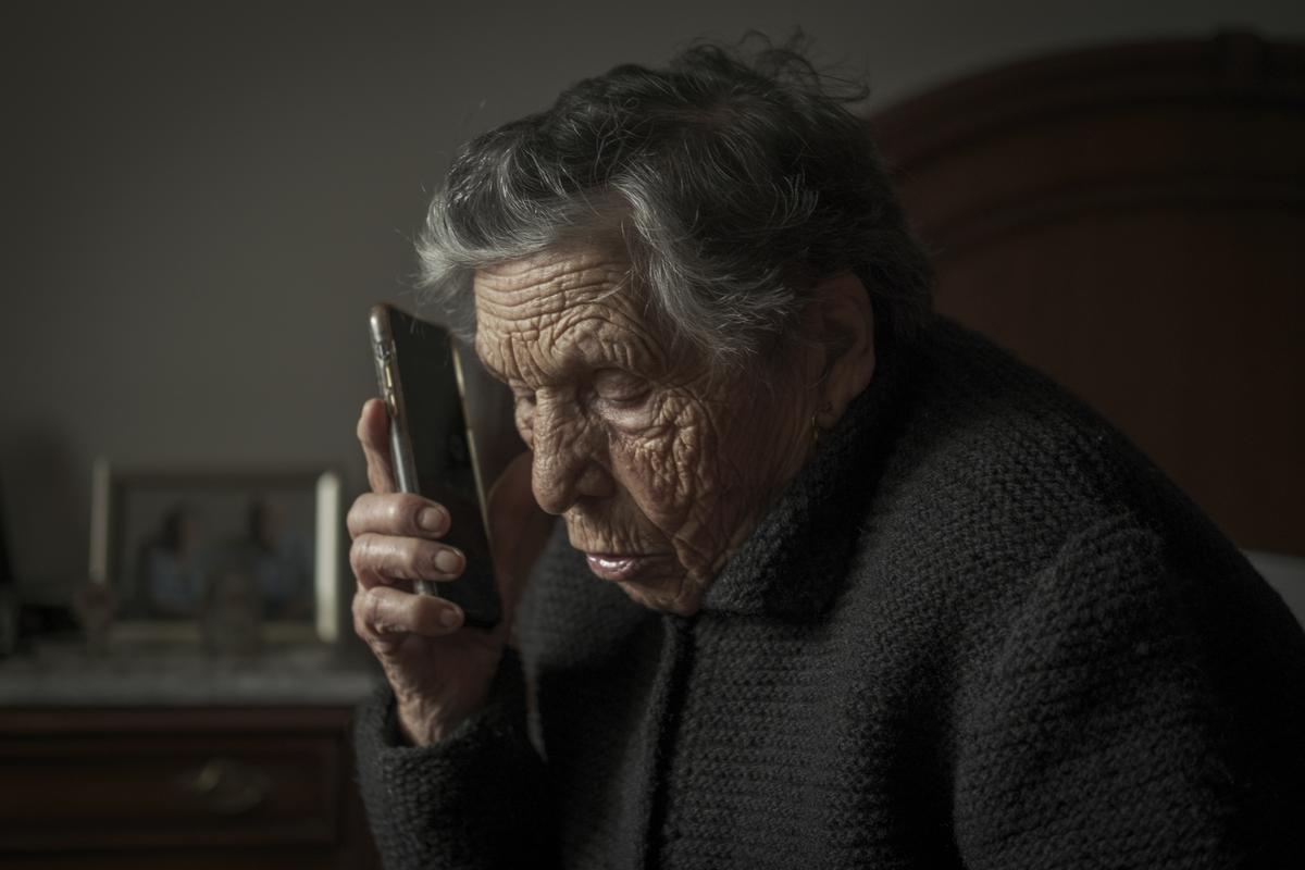 María Álvarez, de 94 años, con el teléfono en su dormitorio.