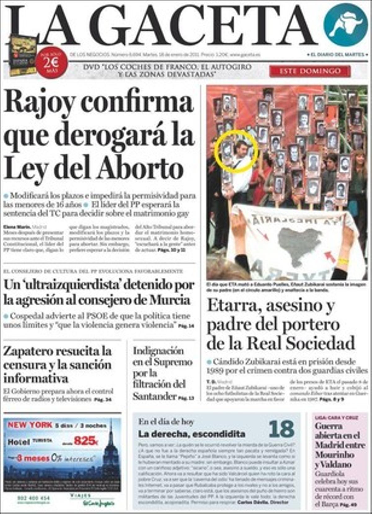 ’La Gaceta’ dóna rellevància a dins al fet que el conseller murcià agredit prepara ja Fitur des de l’hospital amb els seus col·laboradors; que Rodrigo Rato adverteix que per demanar esforços al ciutadà primer s’ha d’explicar la crisi, i que el Govern i agents socials incorporen la política energètica a les negociacions per buscar un pacte d’Estat.  