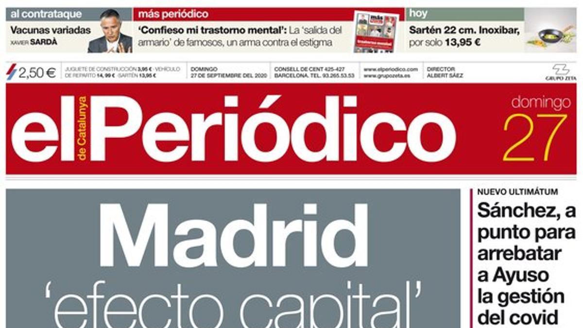 La portada de EL PERIÓDICO del 27 de septiembre del 2020.