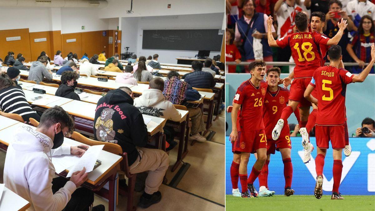 Un examen en la Universidad de Alicante junto a una imagen de la selección española celebrando uno de los siete goles ante Costa Rica
