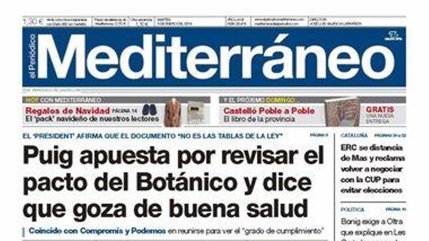 Puig apuesta por revisar el pacto del Botánico y dice que goza de buena salud, en la portada de Mediterráneo