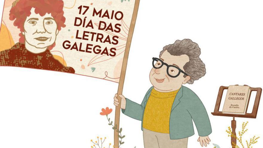 Ilustración de Lucía Cobo na que Del Riego sostén unha pancarta de Rosalía / ECG