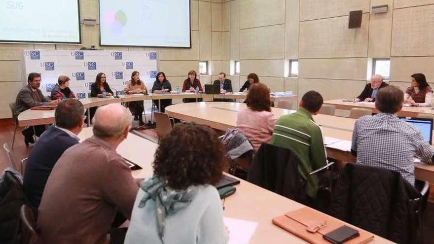 La conselleira de Educación, Carmen Pomar (centro), con representantes de las tres universidades gallegas. // FdV