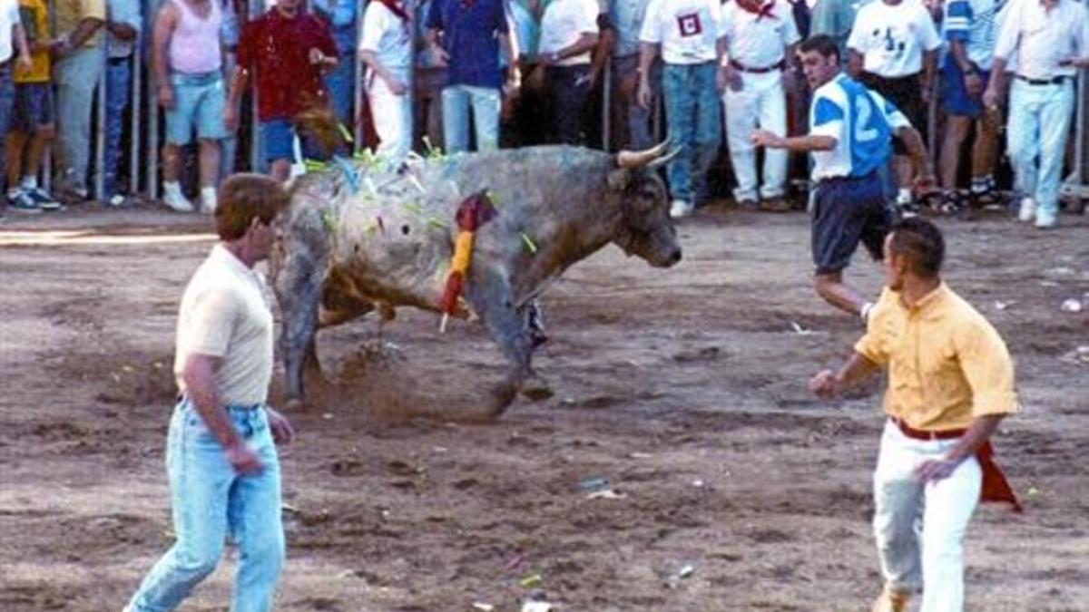 Un toro herido con dardos y otros objetos punzantes lanzados por el público, en Coria (Cáceres) en 1997. Esta práctica fue prohibida hace dos años.