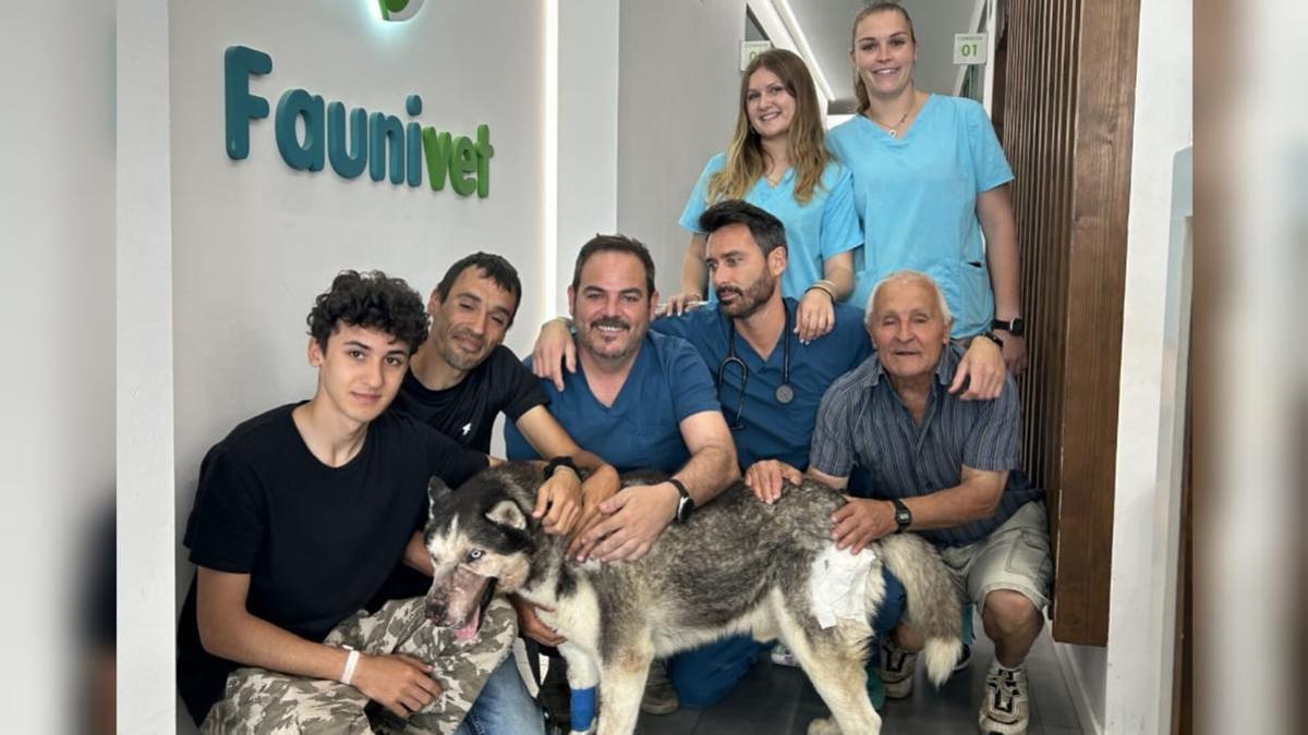 El equipo de la clínica veterinaria de Faunivet posa con ‘Rex’ y su dueño tras la operación.