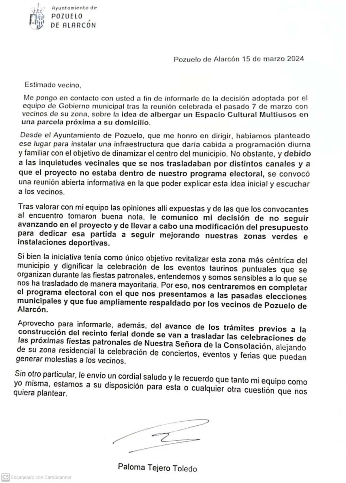 Carta del Ayuntamiento de Pozuelo de Alarcón sobre la decisión de no construir la plaza de toros