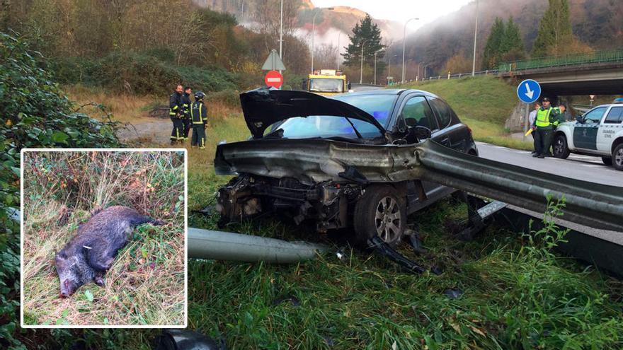 Un hombre resulta herido tras chocar con su coche contra un jabalí a la entrada de Infiesto