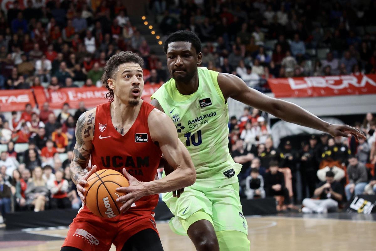 Jonah Radebaugh, del UCAM Murcia, en el partido ante el Barça la pasada temporada en el Palacio.