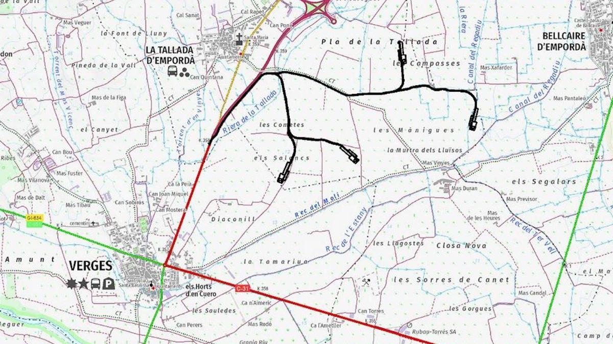 Mapa que marca on se situarien els aerogeneradors, entre la Tallada, Verges i Bellcaire d'Empordà.