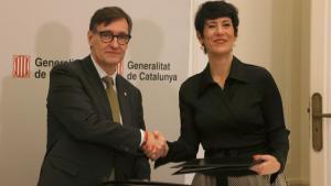 El president de la Generalitat, Salvador Illa, con la ministra de Inclusión, Seguridad Social y Migración, Elma Saiz, este viernes en el Palau de Pedralbes
