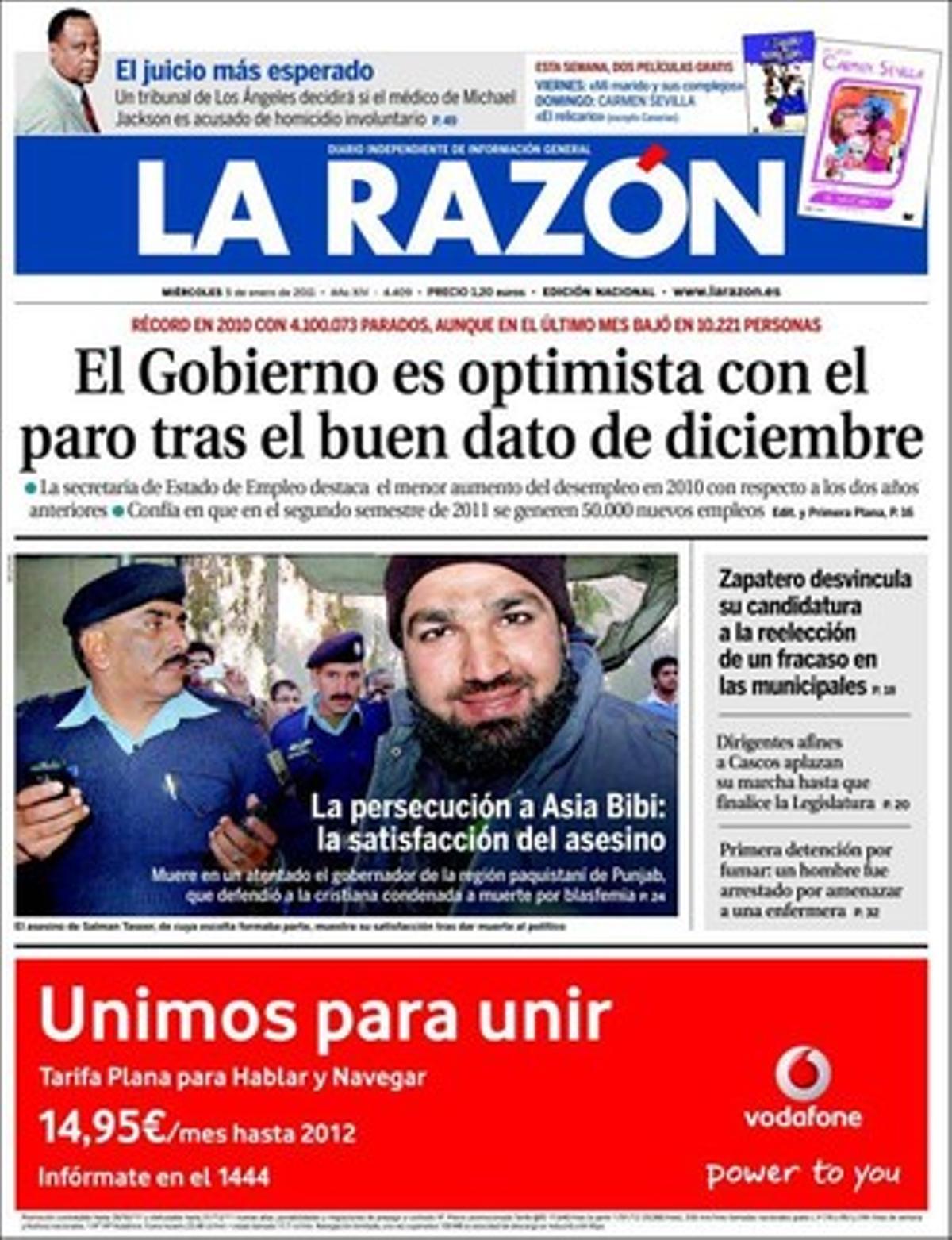 ’La Razón’ destaca també que Zapatero desvincula la seva reelecció d’un fracàs a les municipals; que els afins a Álvarez-Cascos ajornen l’espantada fins que finalitzi la legislatura; que un portaveu de l’esquerra ’abertzale’ diu ara que no corre pressa el comunicat d’ETA; que la meitat dels barcelonins suspenen la gestió d’Hereu; que cau a Alacant una xarxa que canviava dones per cotxes; que el crèdit a famílies i empreses es redueix un 21,4% en un any, i que bancs i caixes van captar al novembre quatre vegades més diners del que van prestar.