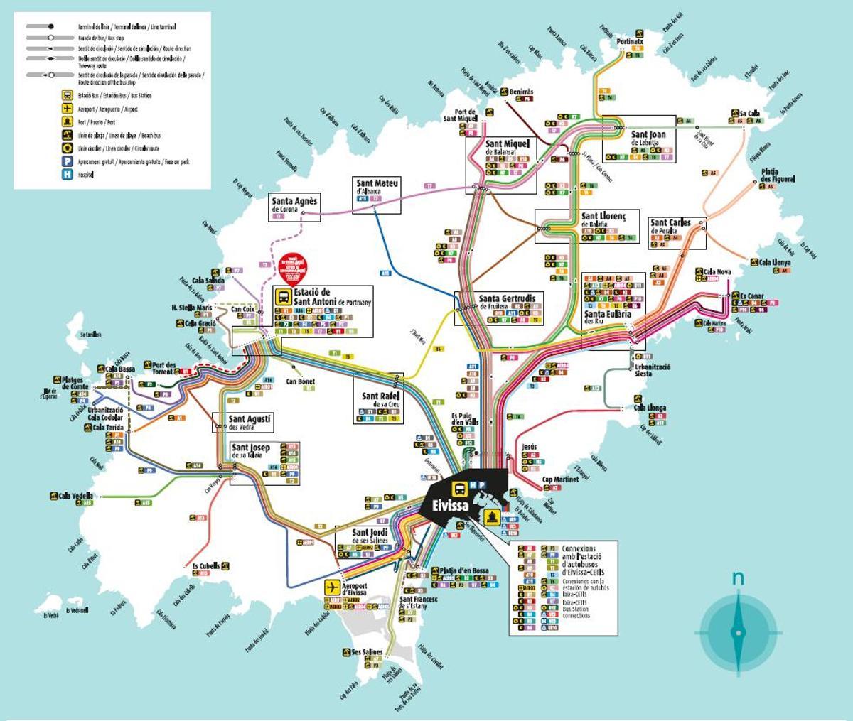 El mapa que ofrece Alsa en su web de las nuevas líneas que recorren Ibiza.