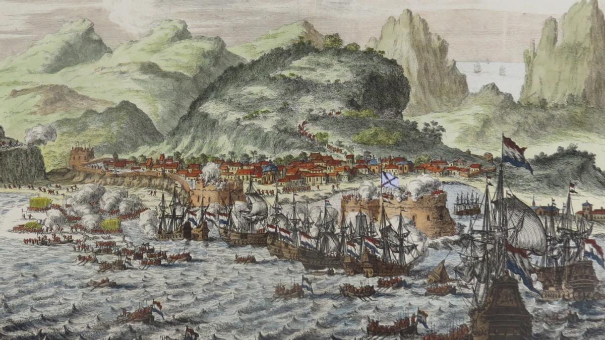 Grabado de Jan Olers sobre la invasión de Pieter van der Does a Las Palmas de Gran Canaria en 1599.