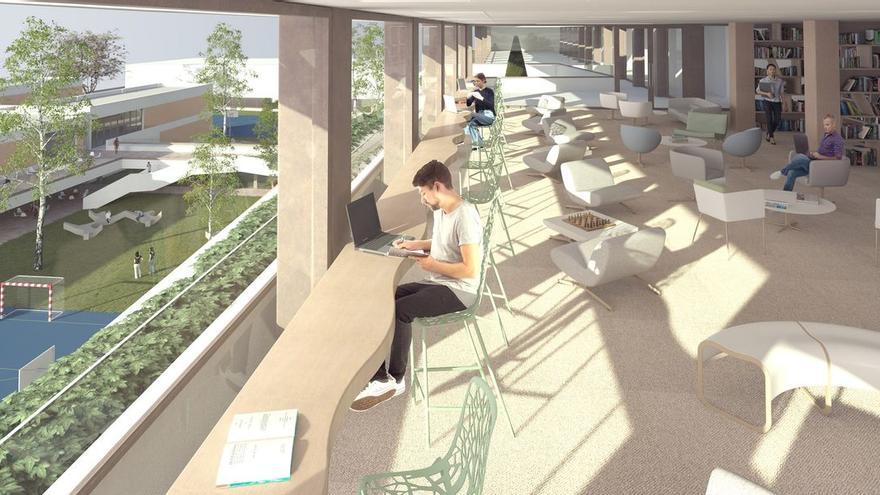 Imagen virtual de la vista al jardín desde la biblioteca incluida en el proyecto del IES Álvaro Falomir de Almassora.