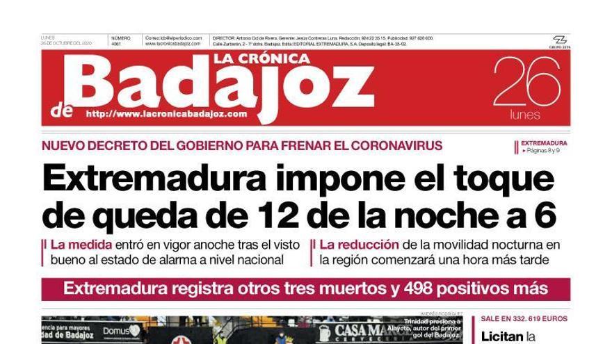 Esta es la portada de LA CRÓNICA DE BADAJOZ correspondiente al día 26 de octubre del 2020