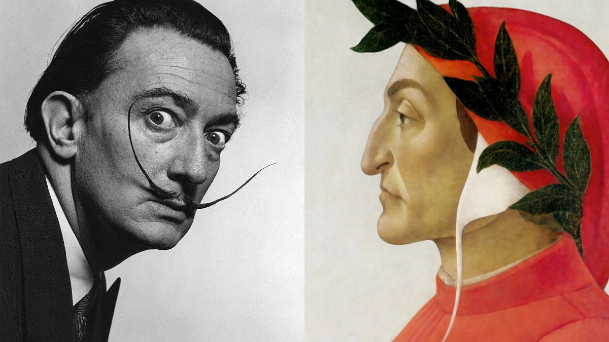 Dalí frente a una pintura de Dante.