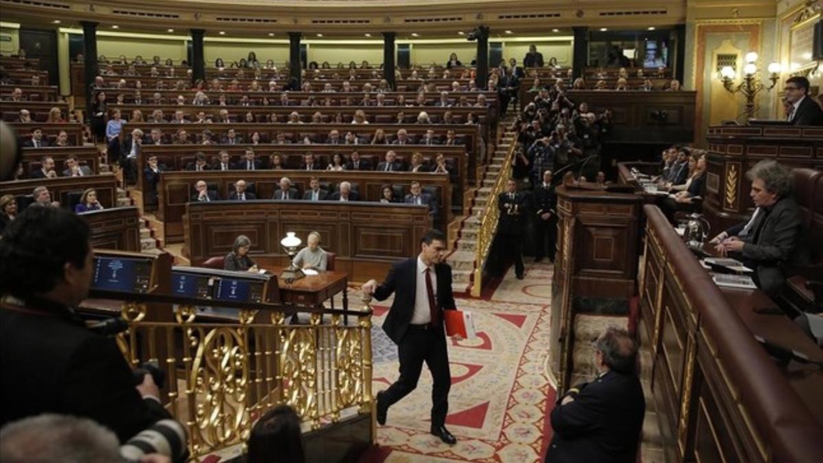 Pedro Sánchez, durante el debate de investidura en el Congreso de los Diputados.