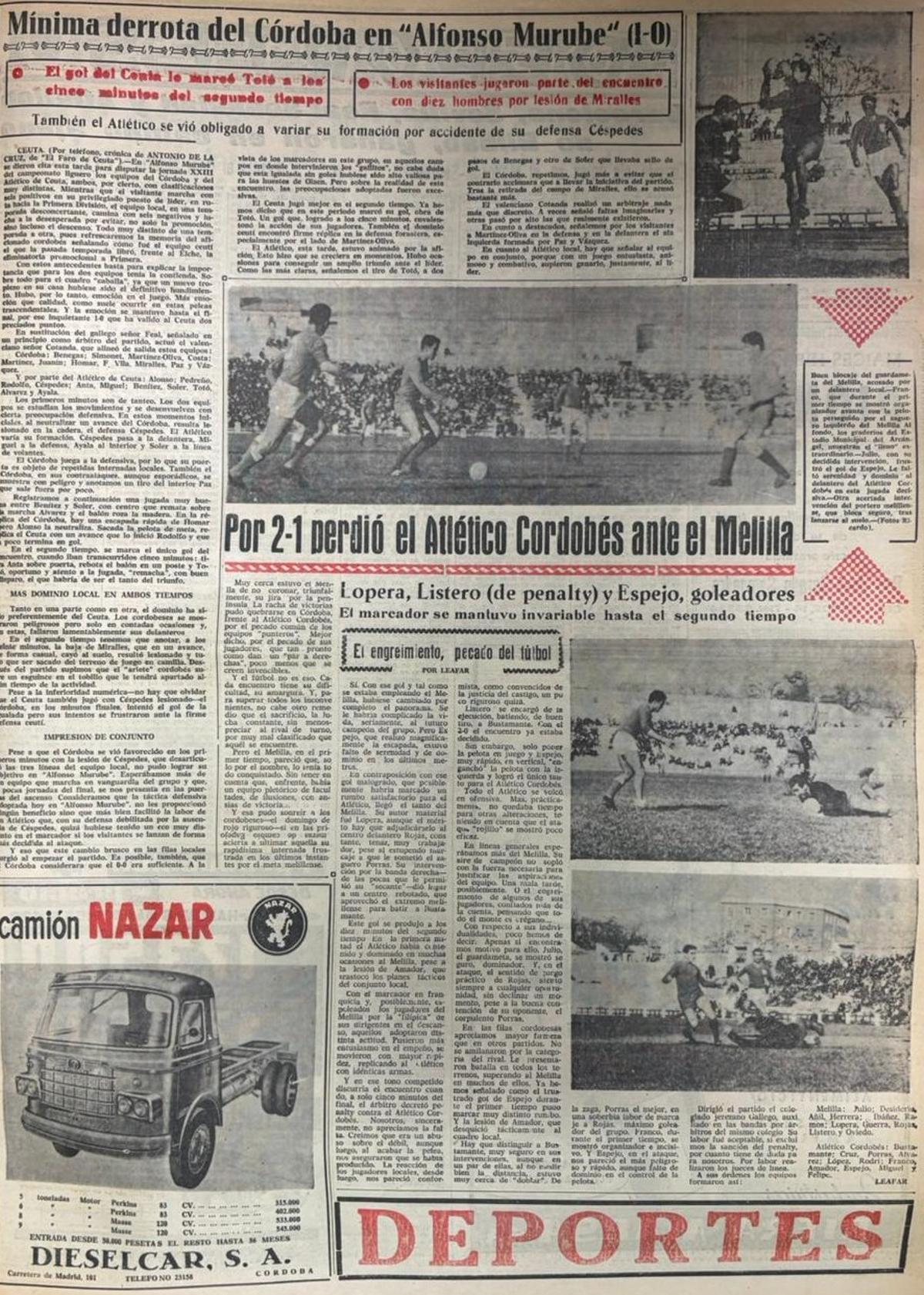 Crónica de la derrota del Córdoba en el Alfonso Murube, ante el Ceuta, por la mínima en 1962.