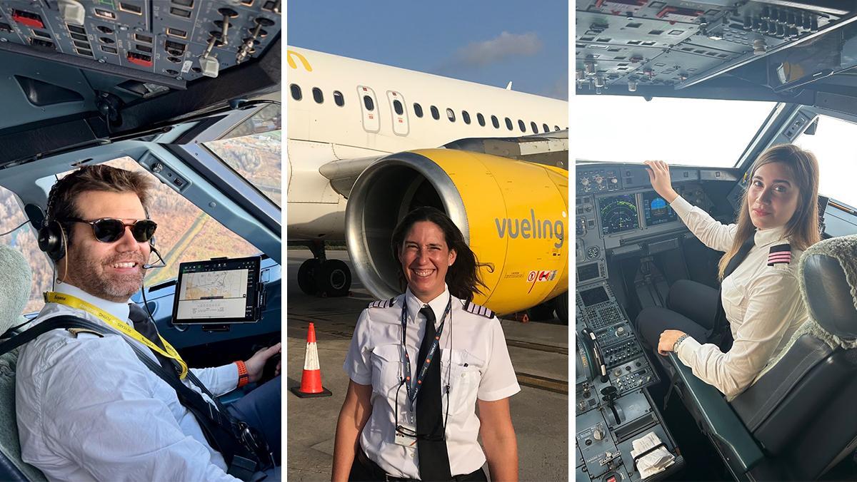 El comandante David Sole en la cabina de vuelo, la comandante Cristina Aquirre junto a un Airbus A320 de Vueling y Carmen de Castro, First Officer, recién incorporada a la compañía..