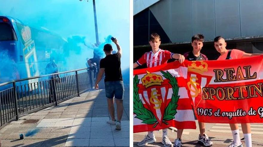 Las aficiones de Sporting y Real Oviedo calientan el derbi de las mascarillas