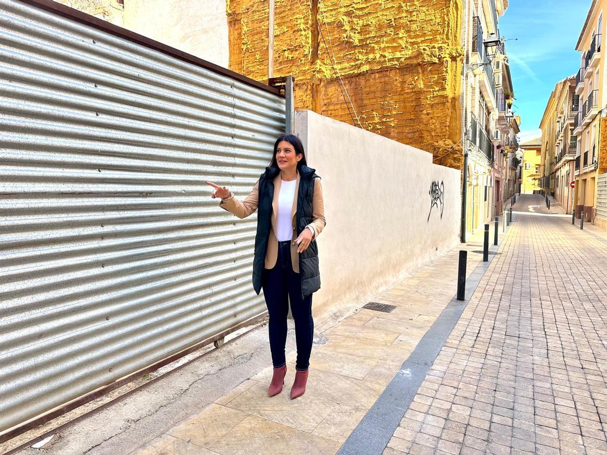 María Hernández junto a uno de los solares que saldrán a subasta.