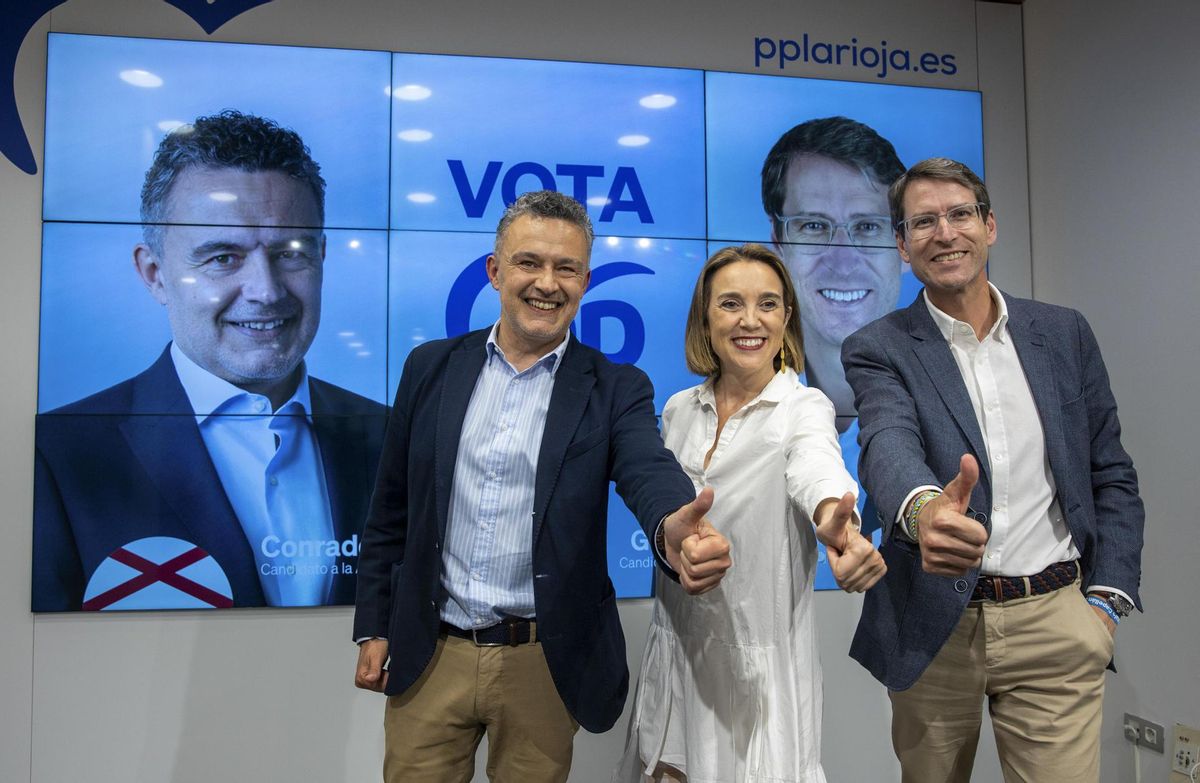 El PP de La Rioja inicia su campaña electoral con un acto en el que intervienen la secretaria Nacional, Cuca Gamarra (c), y los candidatos a la Presidencia del Gobierno riojano, Gonzalo Capellán (d), y Alcaldía de Logroño, Conrado Escobar(i).