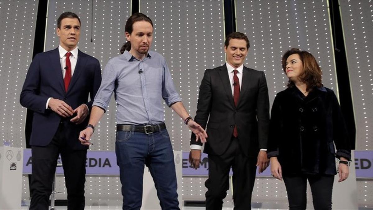 Pedro Sánchez, Pablo Iglesias, Albert Rivera y Soraya Sáenz de Santamaría, en el debate de Antena 3 y La Sexta.