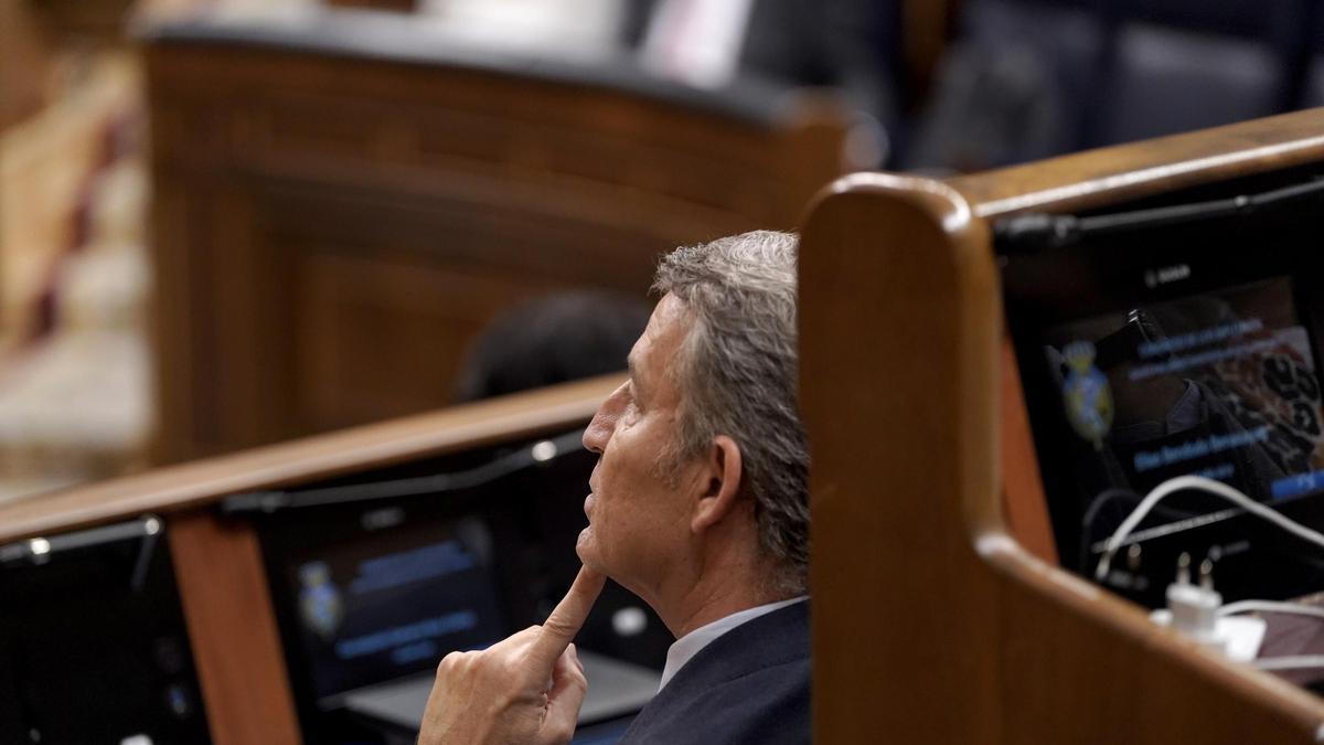 Alberto Núñez Feijóo, el miércoles, durante la comparecencia en el Congreso de los Diputados de Teresa Ribera para informar sobre la DANA.