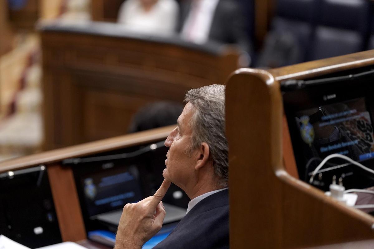 Alberto Núñez Feijóo, el miércoles, durante la comparecencia en el Congreso de los Diputados de Teresa Ribera para informar sobre la DANA.