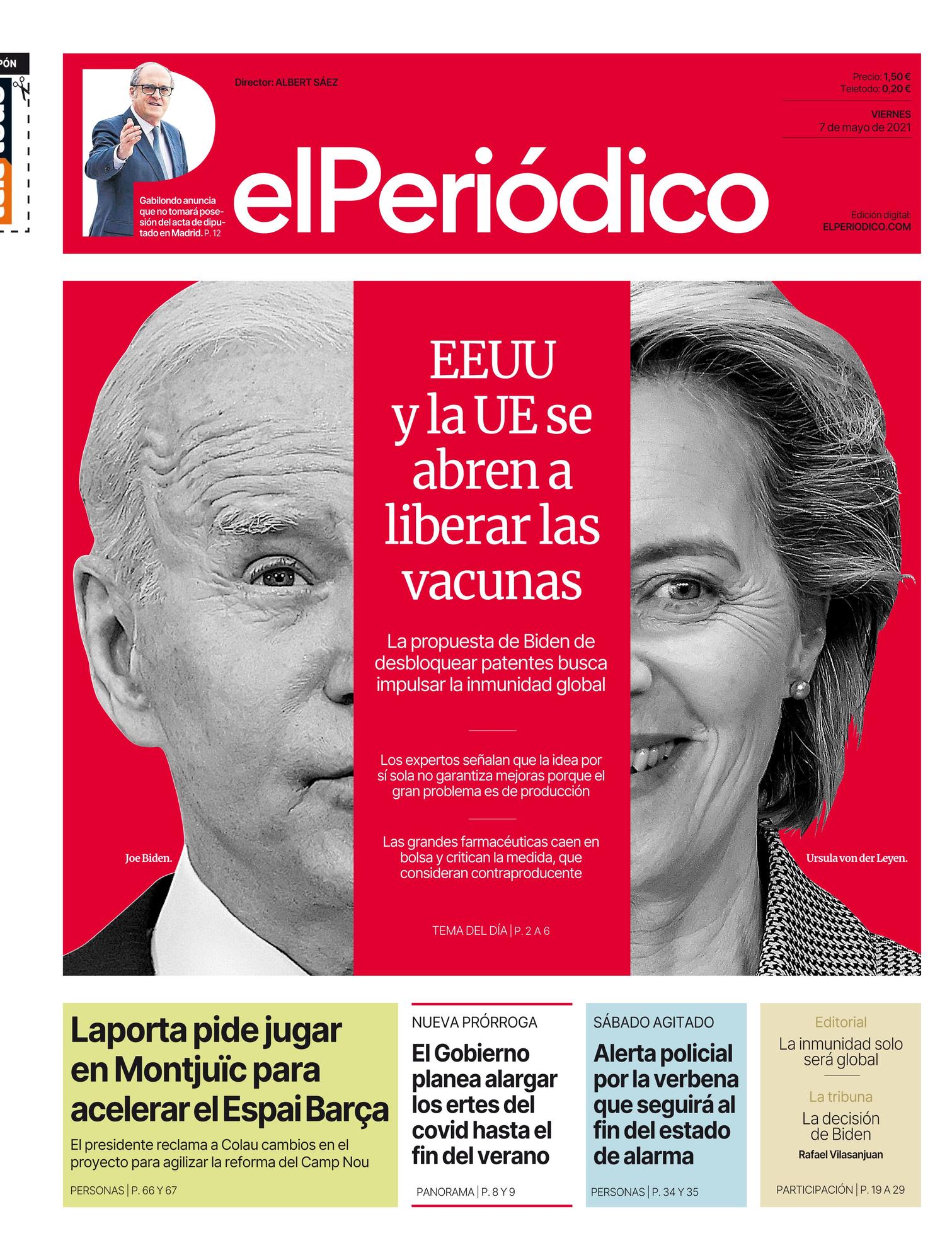 La portada de EL PERIÓDICO del 7 de mayo de 2021