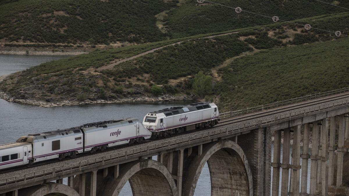 Un tren circula por el viaducto Martín Gil.