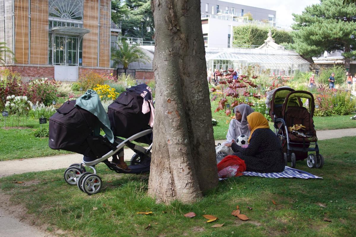 Mujeres migrantes con sus hijos en un parque.