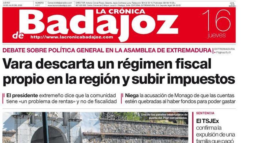 Esta es la portada de LA CRÓNICA DE BADAJOZ correspondiente al día 16 de julio del 2020