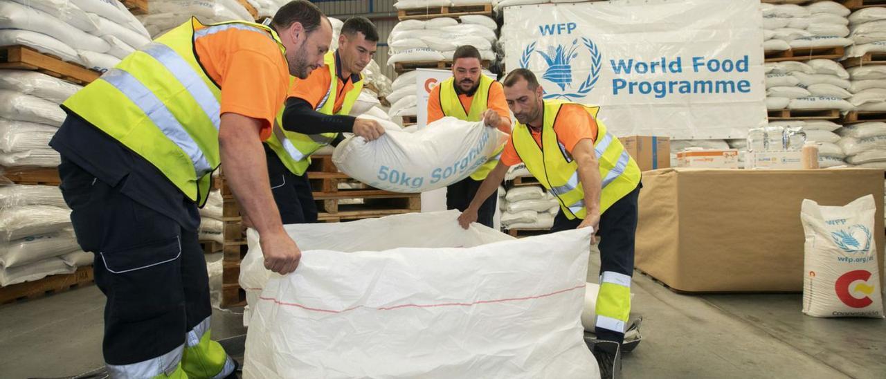 Voluntarios del Centro logístico del Programa Mundial de Alimentos en el Puerto de Las Palmas.