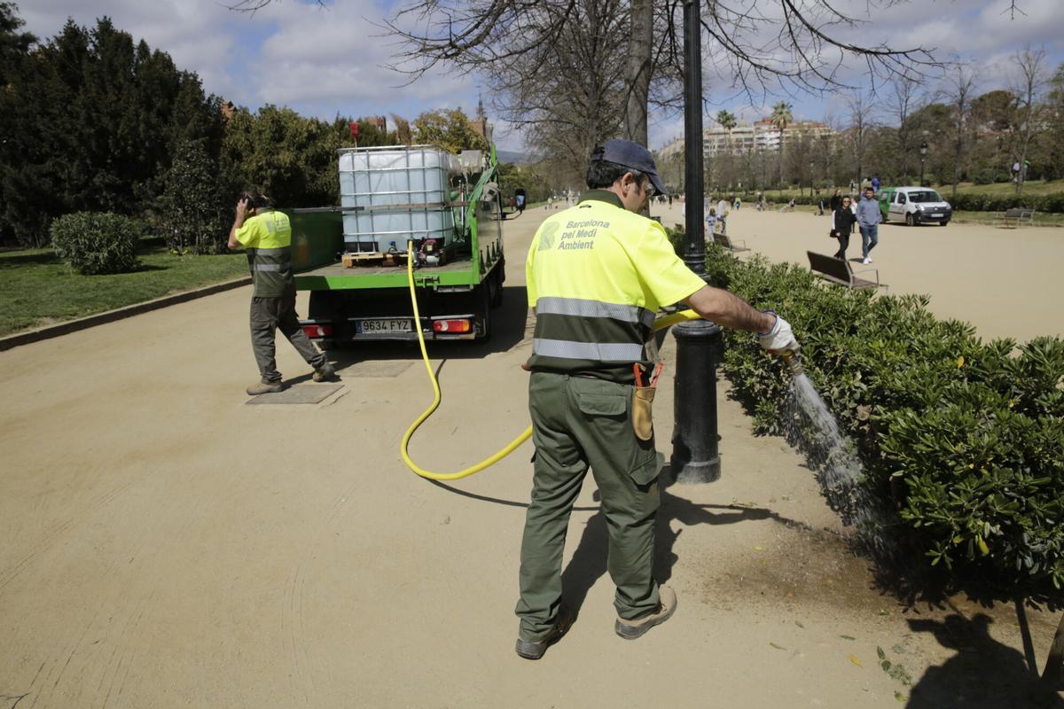 BARCELONA 04/04/2023 Barcelona. Nuevo sistema de distribución de agua freática para los servicios de limpieza y parques y jardines. Hasta ahora, los camiones se abastecían directamente de los hidrantes para los usos habituales, pero con la situación de sequía, por primera vez se ha tenido que poner en marcha un sistema de distribución que opere en más puntos del territorio. Este nuevo sistema se realiza con un camión cisterna de grandes dimensiones que abastece a los vehículos más pequeños tanto de limpieza como de usos de parques y jardines. FOTO de RICARD CUGAT