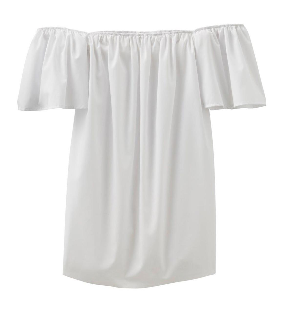 Vestido blanco con escote bardot (precio: 29,99 euros)