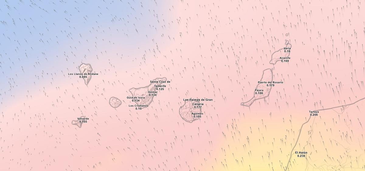 Mapa de calima sobre Canarias este sábado