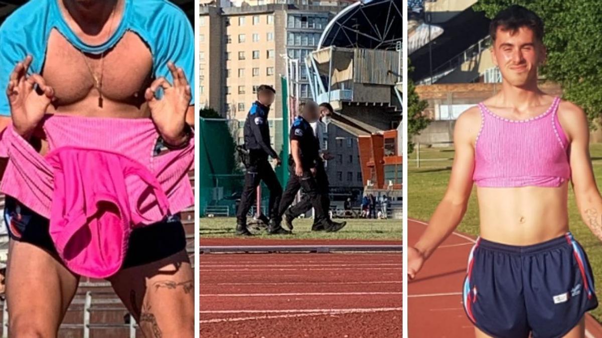 A la izquierda, camiseta usada por Erik Fernández durante el entrenamiento. En el centro, los agentes de la Policía Local en las pistas de Balaídos. A la derecha, el velocista, ya con el top prestado por una compañera.