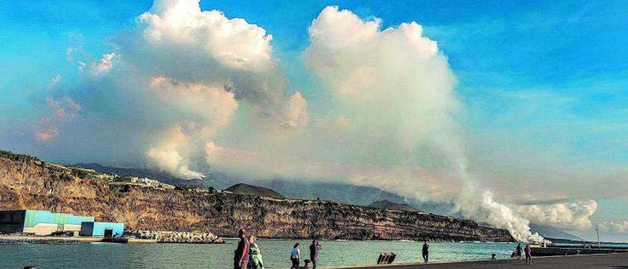 El penacho marino de gases tóxicos que se forma con el choque térmico de la lava y el agua salada, visto desde el muelle de Tazacorte.