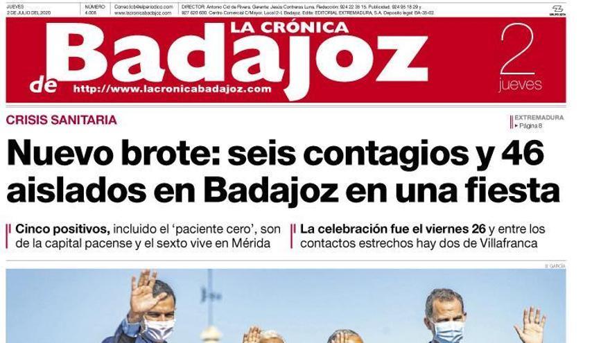 Esta es la portada de LA CRÓNICA DE BADAJOZ correspondiente al día 2 de julio del 2020